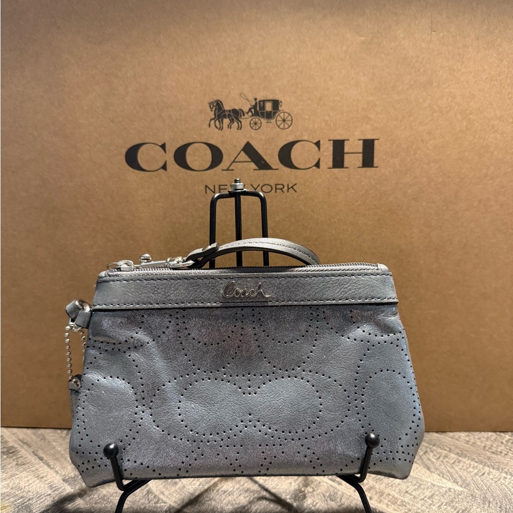 Coach Perforated Signature C Gunmetal/Silver Metallic Wristlet Teal Satin Lining